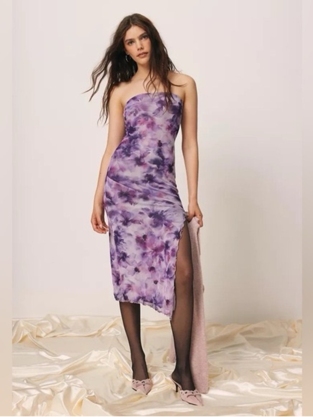 Urban Outfitters Purple Floral Strapless Midi Dress